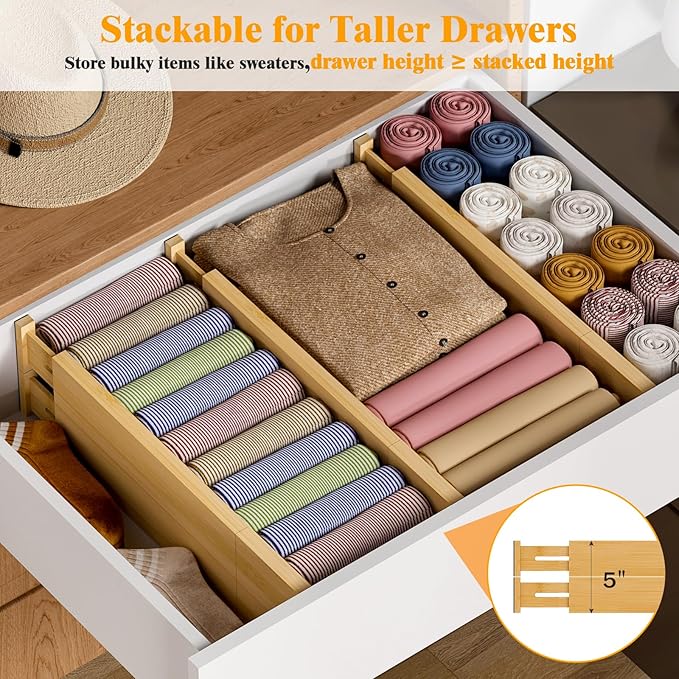 Bamboo Drawer Dividers, 12-21" Adjustable Drawer Organizers for Clothes, 8-Pack