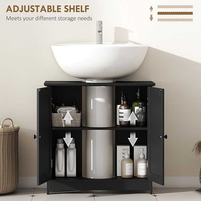 HOMCOM Under Sink Bathroom Cabinet, Pedestal Sink Storage Cabinet with 2 Doors, Shelf and U-Shape, Black