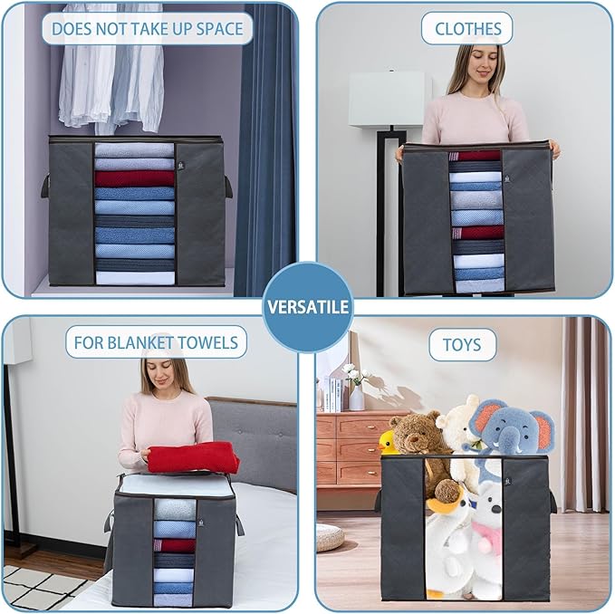 VENO 3 Pack Clothes Storage Bag Organizer with Reinforced Handle Thick Fabric for Comforters, Blankets, Bedding, Foldable with Sturdy Zipper