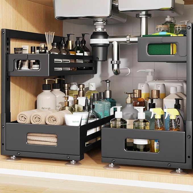 2 Pack 17IN-Depth Under Sink Organizer,Pull Out Cabinet Organizer With Smooth Cylindrical Rail,Metal Slide Out Drawer for Kitchen Bathroom Laundry,8-Level Tool Free Height Adjustable-Black