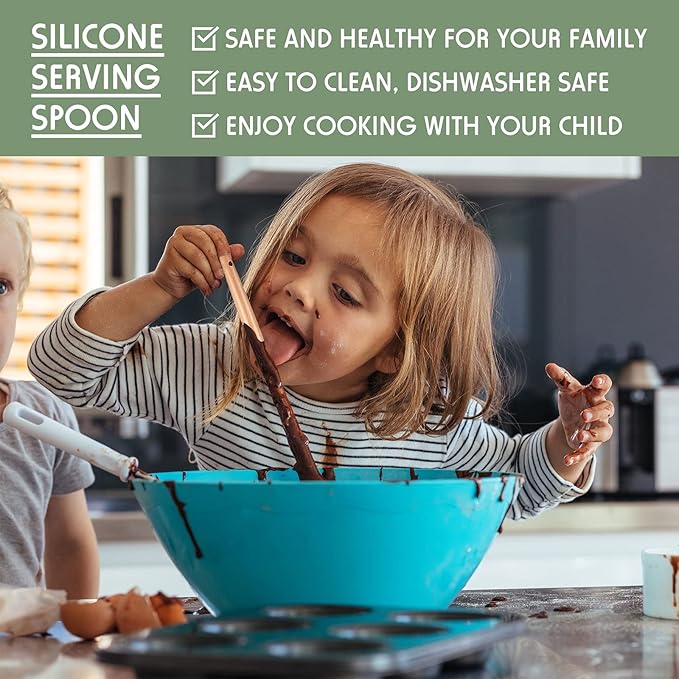 Patelai 2 Pieces Silicone Nonstick Mixing Spoon Kitchen Cooking Spoons Serving Spoon with Wooden Handle Heat Resistant Utensil Spoons for Mixing, Baking, Serving and Stirring(Red, Gray)