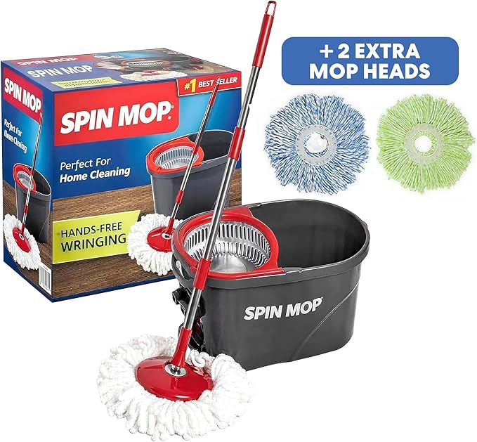Simpli-Magic 79349 Spin Mop Cleaning System with 3 Microfiber Mop Heads, Red/GRAY,Red/Black