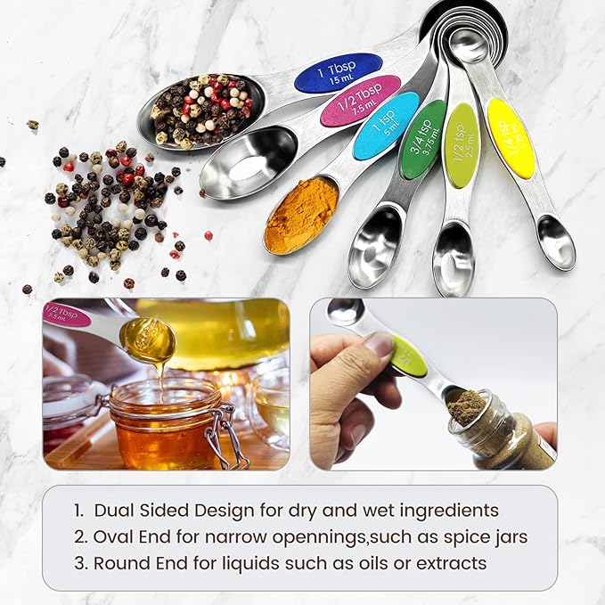 Stainless Steel Magnetic Measuring Spoons Set of 8 with strong Magnets, Dual Sided Measuring Spoons, Kitchen Gadgets for Baking & Cooking, Spice Jars, Measuring Dry & Liquid, Multicolor