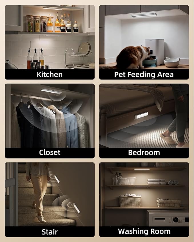 EZVALO 8-Inch LED Under Cabinet Lighting, Magnetic Wireless Motion Sensor Light, Rechargeable 1800mAh, 3 Color Temperatures & Dimmable, for Kitchen, Closet, Pantry, Stairs