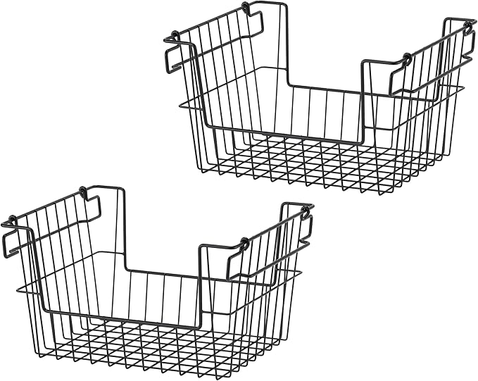 2-Pack Stackable Metal Wire Storage Baskets With Handles, Black, 14 Inches
