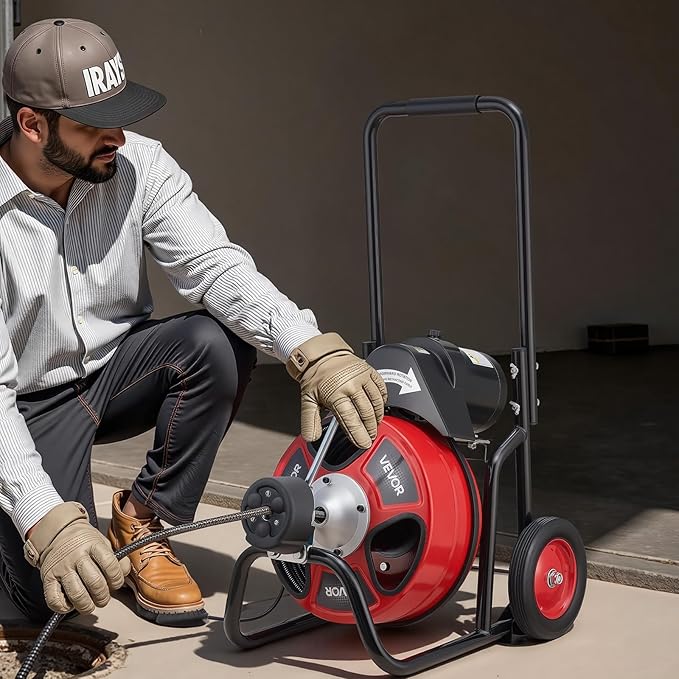 VEVOR Drain Cleaner Machine 50 FT x 3/8 Inch, Auto Feed Sewer Snake Auger on Wheels, Portable Drain Cleaning Machine with 4 Cutters & Air-activated Foot Switch for 2" to 4" Pipes
