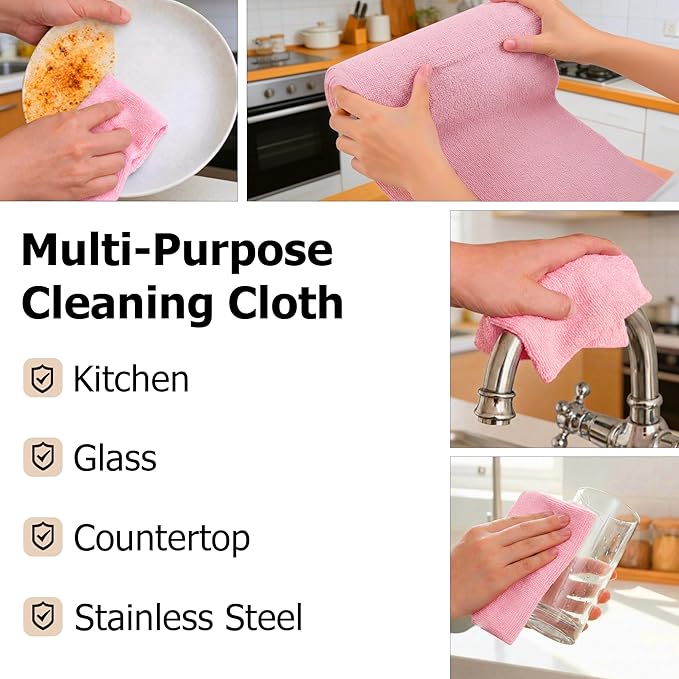 Microfiber Cleaning Cloth Roll Tearaway – Reusable Paper Towels for Kitchen & Home – Microfiber Towel Roll & Fiber Rags Bulk (Pink)