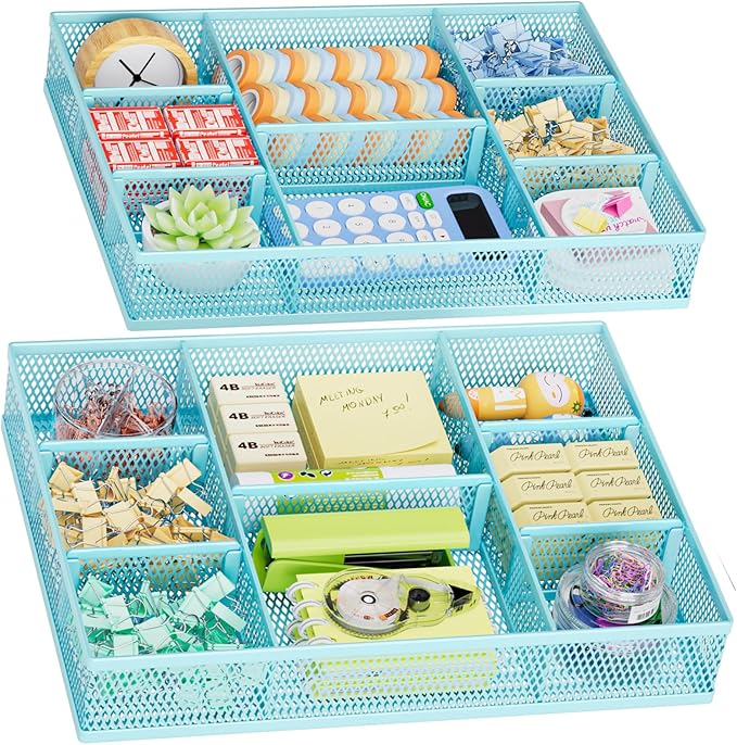 Marbrasse 2 Pack Desk Drawer Organizer, Mesh Drawer Organizer Tray with 8 Adjustable Compartments, Desk Organizers and Accessories, 5 Dividers Drawer for Office Supplies, Makeup & Vanity (Blue)