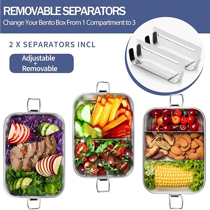 E-far Stainless Steel Bento Box, Large 1400ml Metal Bento Lunch Box Container, 49oz Leak-Proof Lunch Container with Lids and 2 Removable Dividers