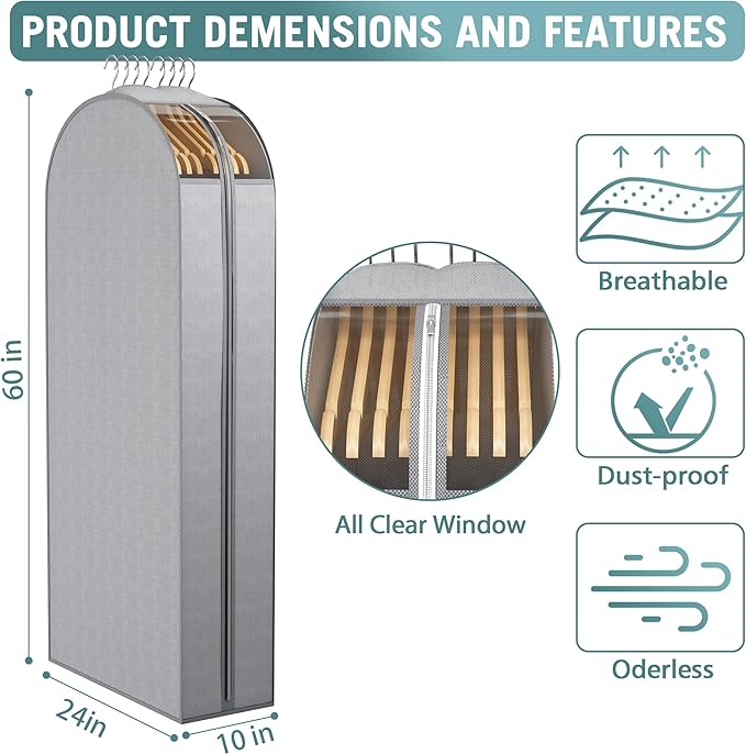 Liuoud 10" Gusseted Garment Bags for Hanging Clothes with Clear Window 50" Suit Bags for Open Closet Storage, Clothing Cover for Coat, Dress, Jacket, Shirt, Fur Wardrobe Protector, 3 Packs
