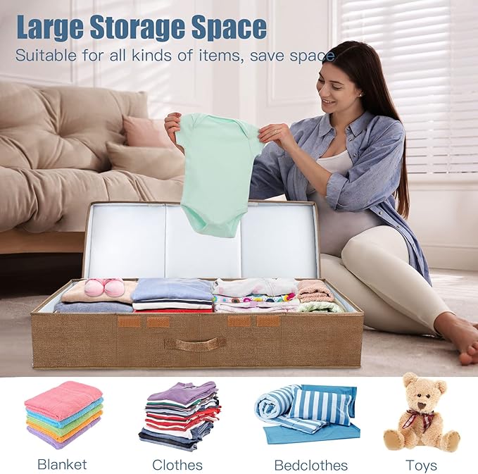 Supowin Underbed Storage Containers Bin with Lids (2pcs) Large Under Bed Storage Organizer Box with Handle, Foldable Under the Storage Bags for Organizing Clothes, Shoes, Blankets, Pillows-Dark brown