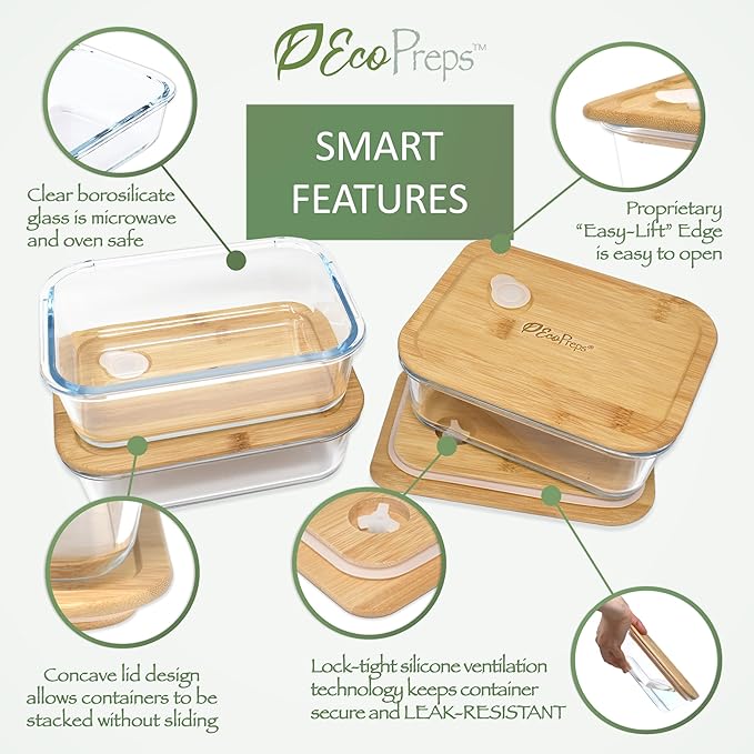EcoPreps Glass Meal Prep Containers with Bamboo Lids (3 Pack) - 100% Plastic Free, Eco-Friendly Lunch Containers, Bamboo Lid Storage Container Set