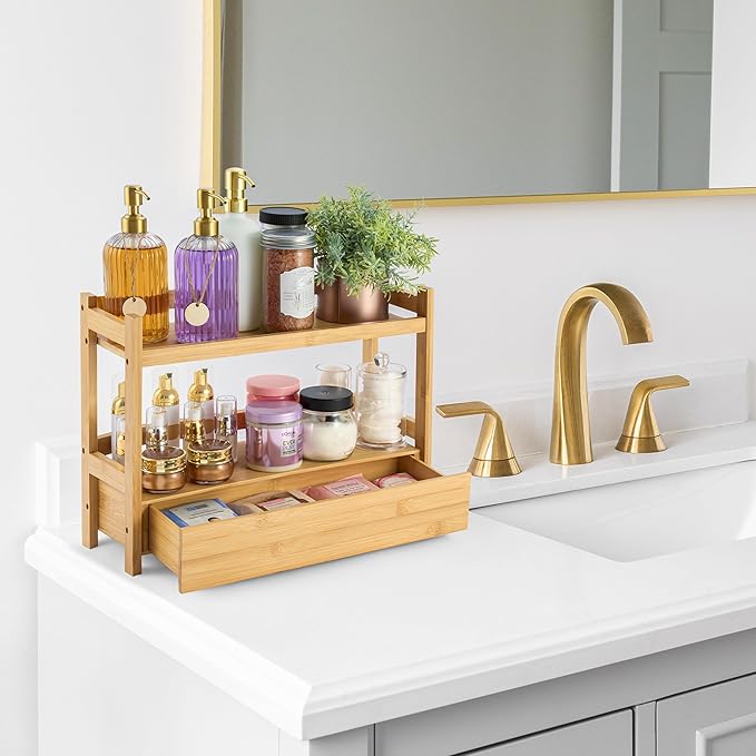 Sorbus Bamboo Bathroom Counter Organizer – 2-Tier Shelf with Hidden Drawer for Vanity, Matcha Station, Bathroom Sink Organizer Countertop, Kitchen & Office Storage (17″ L x 6.5″ W x 12.6″ H)