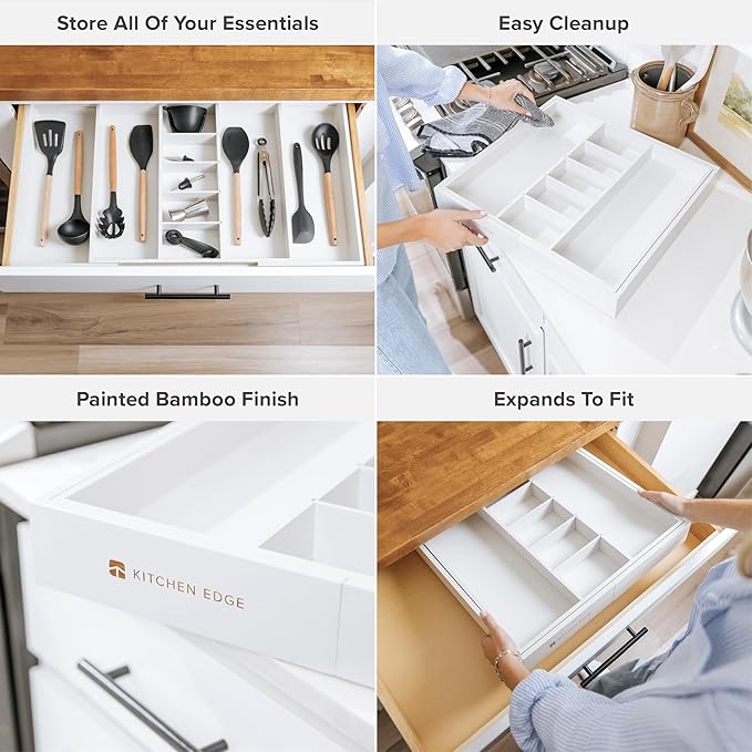KitchenEdge Adjustable Kitchen Drawer Organizer for Utensils and Junk, Food-Safe Contract Grade with 100% Sustainable Wood