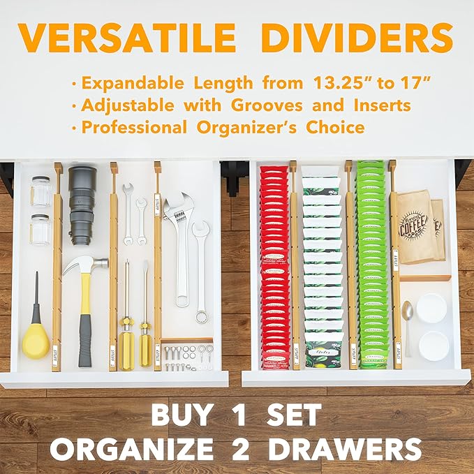 Bamboo Drawer Dividers with Inserts and Labels, 13.25-17 in