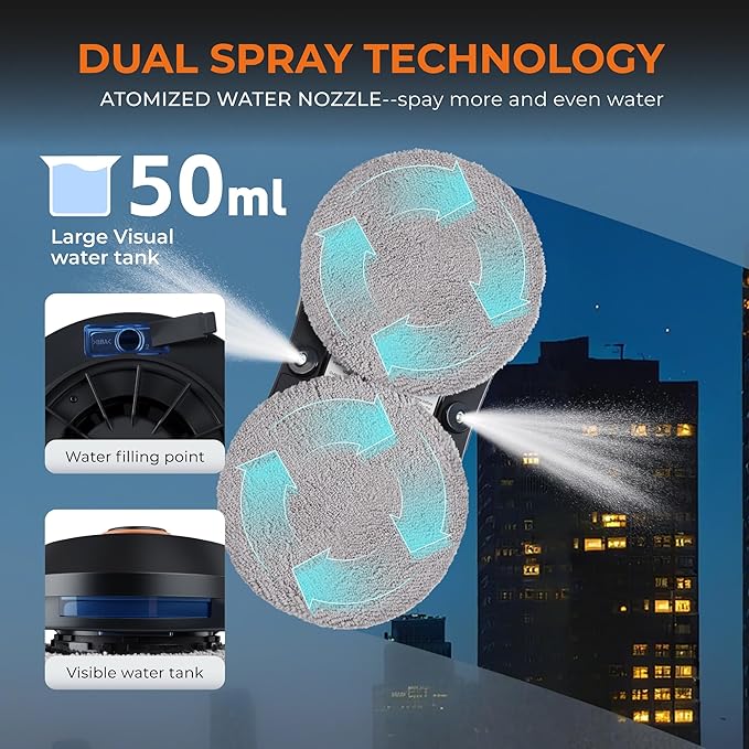 FRUITEAM Window Cleaning Robot with Dual Water Spray, APP and Remote Control, Automatic Window Cleaner with Leather Belt for Frame Glass