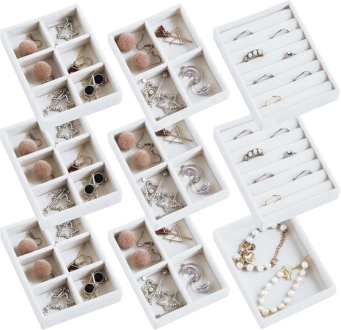 Small Jewelry Tray Set, Stackable Velvet Jewelry Organizer Tray, Set 9,White