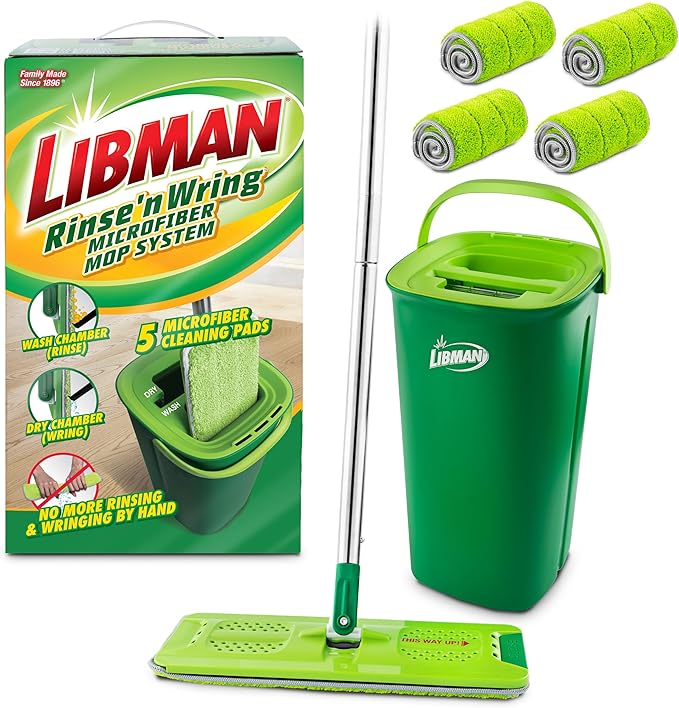 Libman Rinse 'n Wring Mop and Bucket System | Microfiber Floor Mop | Hardwood Floor Cleaner | Wet & Dry Mop | Clean & Dirty Water Chambers | Power Blades | 5 Total Microfiber Pads