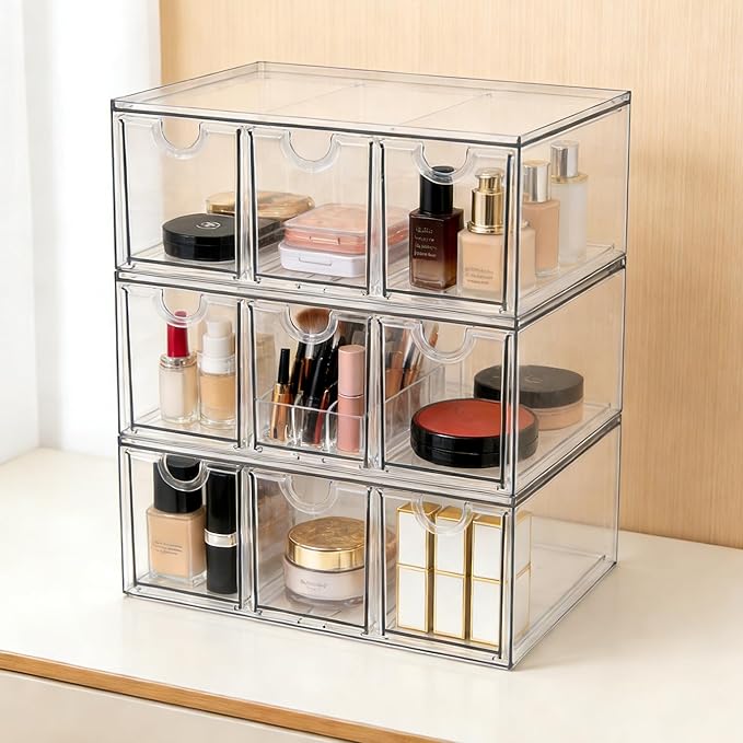 Prsildan Acrylic Makeup Organizer, 3 Pack Stackable Storage Drawers with 9 Drawers for Office Desk Vanity Craft Room Clear Drawer Organizers for Hair