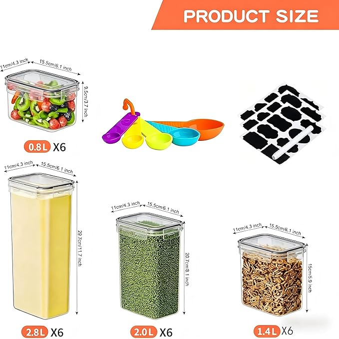 stusgo 24 Pack Airtight Food Storage Containers with Lids, Plastic Kitchen and Organization Canisters for Cereal, Flour and Sugar, BPA Free, Includes Spoons, Labels and a Pen