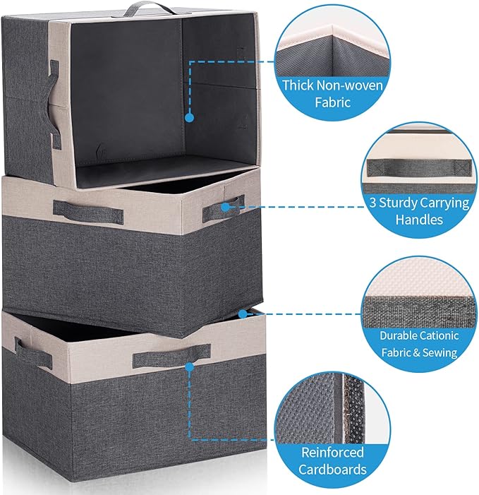 Large Fabric Storage Bins for Shelves with 3 Handles