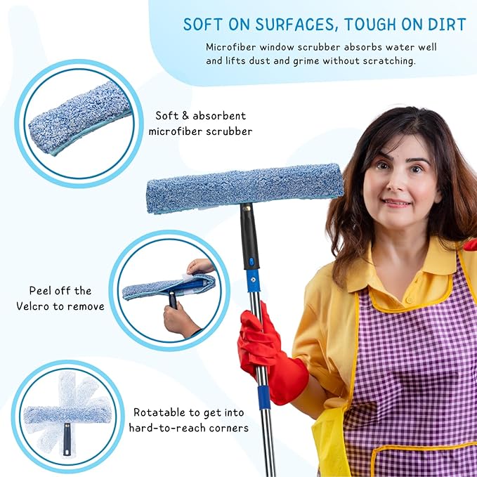 Window Squeegee with Scrubber for Home and Outdoor Glasses Cleaning