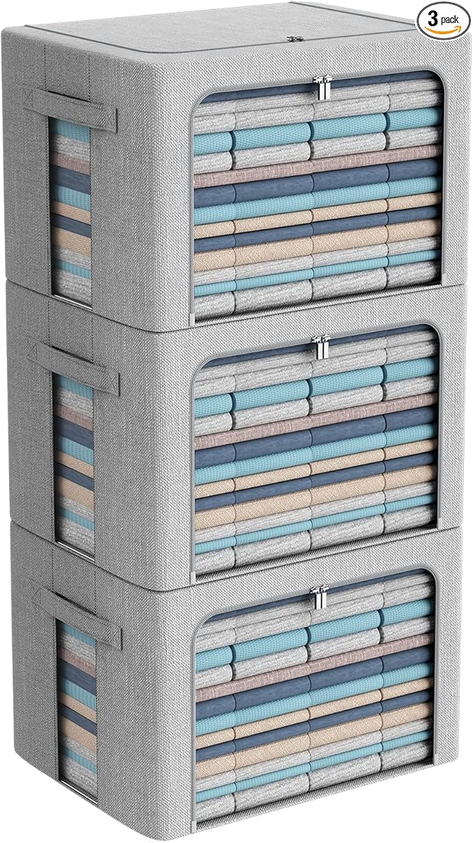 CYhom 3Pack Foldable Storage Bins - Frame Storage Box Linen Fabric Stackable Clothes Container Organizer with Clear Window & Carry Handles Large Capacity (Extra Large-100L, Light Grey)