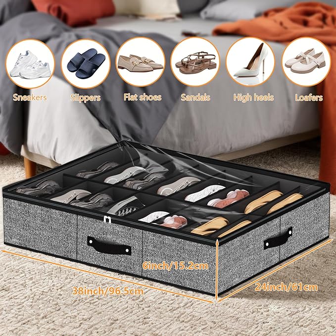 homyfort 32 Pairs Shoe Organizer Under Bed, Underbed Shoe Storage Boxes Bins, Organizador De Zapatos, Extra Large Zapateras Organizer, Black, Set of 2