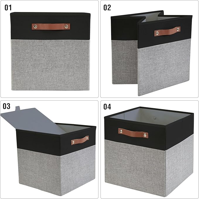 Bagnizer Collapsible Fabric Storage Cube Bins with 2 Reinforced PU Handles, Foldable Storage Organizer Baskets for Closet, Shelves, Living Room | 11"x11"x11", 4 Pack, Black & Gray