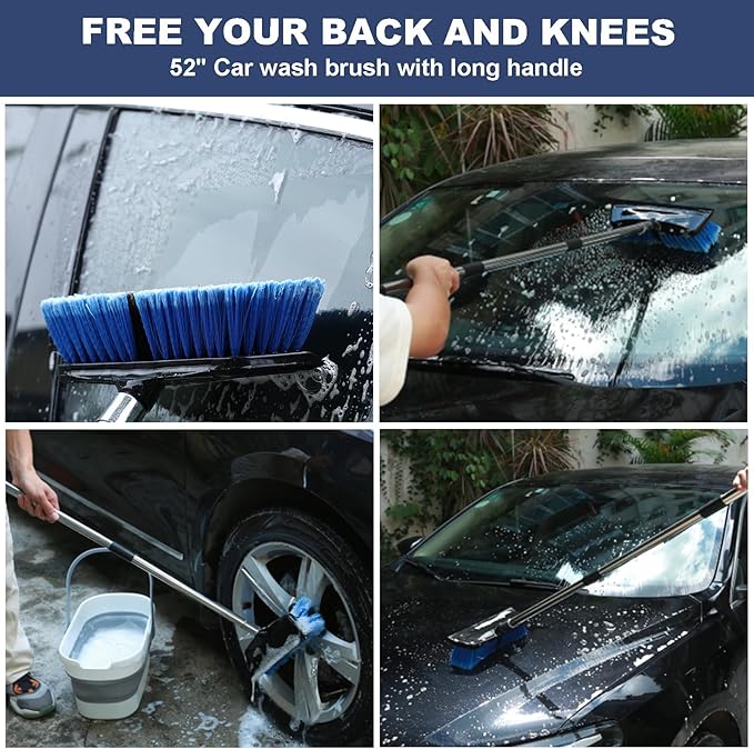 52" Car Wash Brush with Long Handle | Built-in Rubber Squeegee & Rubber Bumper | Lightweight extendable Handle | Soft Bristle Brush for Car, RV, Boat