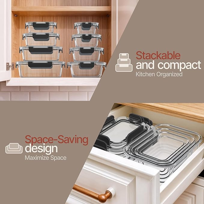 Bakken Borosilicate Glass Food Storage Containers with Lids 24 Pieces, Black