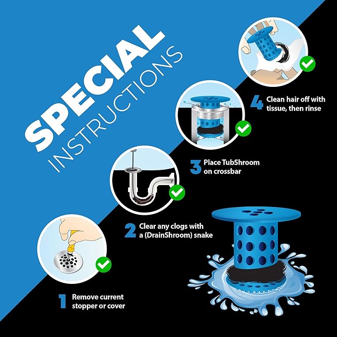 TubShroom Bathtub Drain Hair Catcher – In-Drain Tub Strainer & Clog Prevention Protector, Fits Standard 1.4”–1.75” Tub Drains, Easy Clean