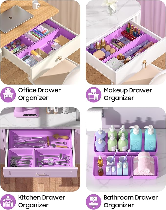 10 Pack Large Size Plastic Drawer Organizers Set, Purple