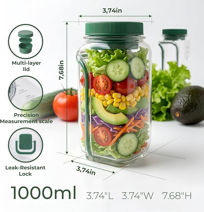 Premium Salad Pod with Dressing Container, Leakproof Lunch Container, Meal Prep Jar with Side Opening, Keeps Food Fresh & Organized for Work, Travel & On-the-Go Meals