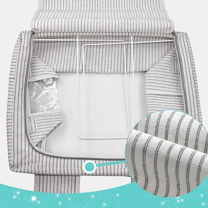 3 Pack Clothes Storage Bins, Foldable Metal Frame Storage Box with Lids,Stackable Linen Fabric Organizer Set with Carrying Handles,Zippers,and Clear Window (Grey Stripe, 66L)