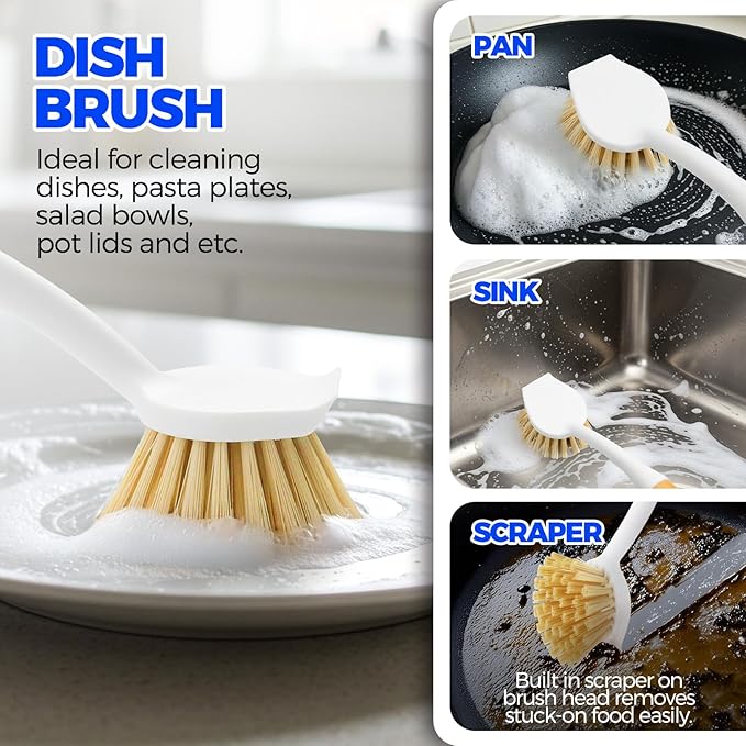 Holikme 6 Pack Dish Brush Set with Bottle Brush, Dish Scrub Brush, Pan Brush and 3 Straw Brushes, Deep Cleaning Handle Brush with Scraper Tip for Kitchen Sink Dishes Bottle Cup Pot and Pans (Yellow)