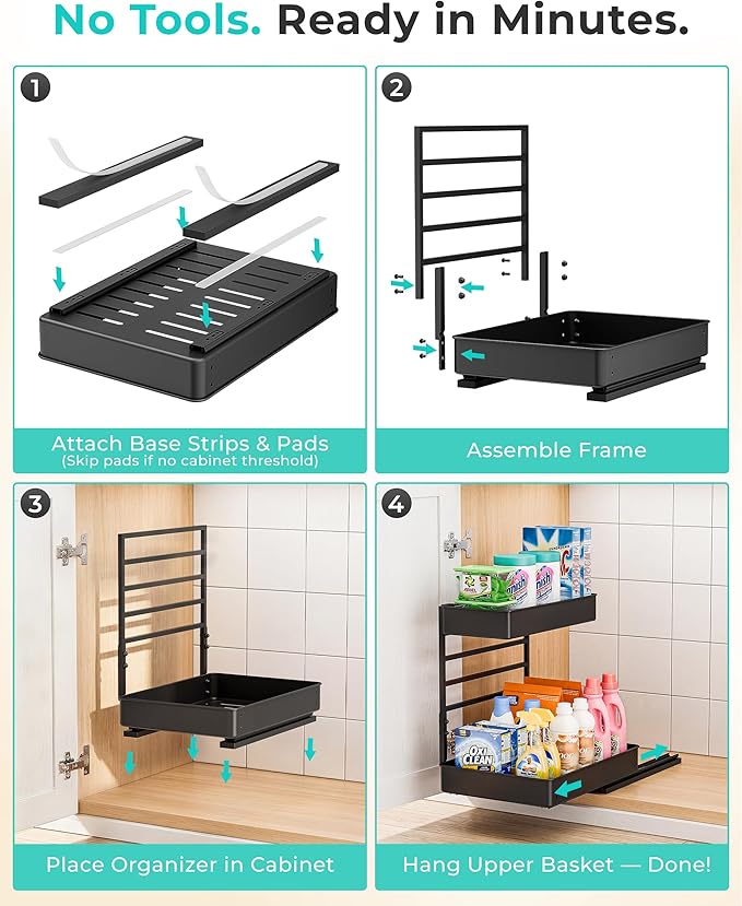 Metal Pull Out Slide Shelf Organizer for Under Sink Organization in Kitchen