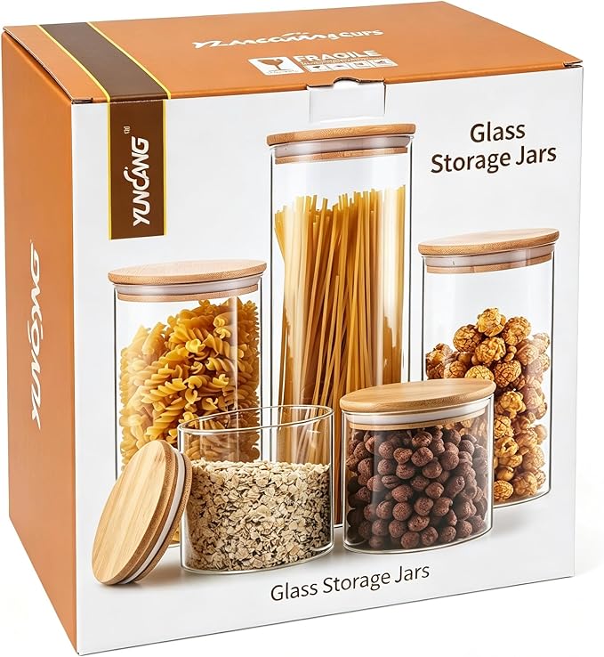 YUNCANG Glass Storage Jars [Set of 5],Clear Glass Food Storage Containers with Airtight Bamboo Lid Stackable Kitchen Canisters for Candy,Cookie,Rice,Sugar,Flour,Pasta,Nuts and Spice Jars(Square)