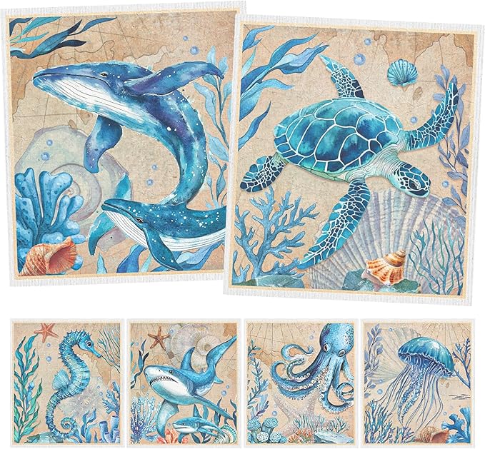 Swedish Dishcloths for Kitchen, Reusable Absorbent Fast Drying Sea Animals Theme Swedish Dish Cloths Gift Set, Washable Cellulose Sponge Cloths Dish Towel for Washing Dishes