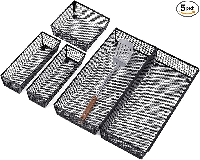 Drawer Organizer, Silverware Tray, 5 Compartment Cutlery Tray, Black Pack 5