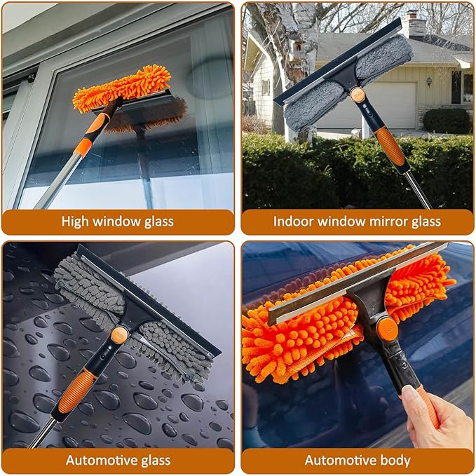 20 ft+ Reach Squeegee Window Cleaner Duster 2 in 1 Rotatable Window Cleaning Tool Kit with 3-14 ft Extension Pole