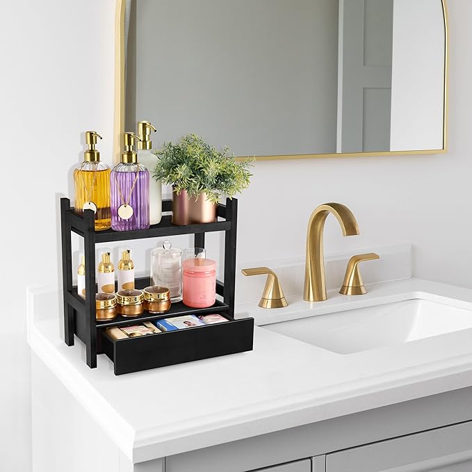 Sorbus Bamboo Bathroom Counter Organizer – 2-Tier Shelf with Hidden Drawer for Vanity, Matcha Station, Bathroom Sink Organizer Countertop, Kitchen & Office Storage (13″ L x 6.5″ W x 12.6″ H) (Black)