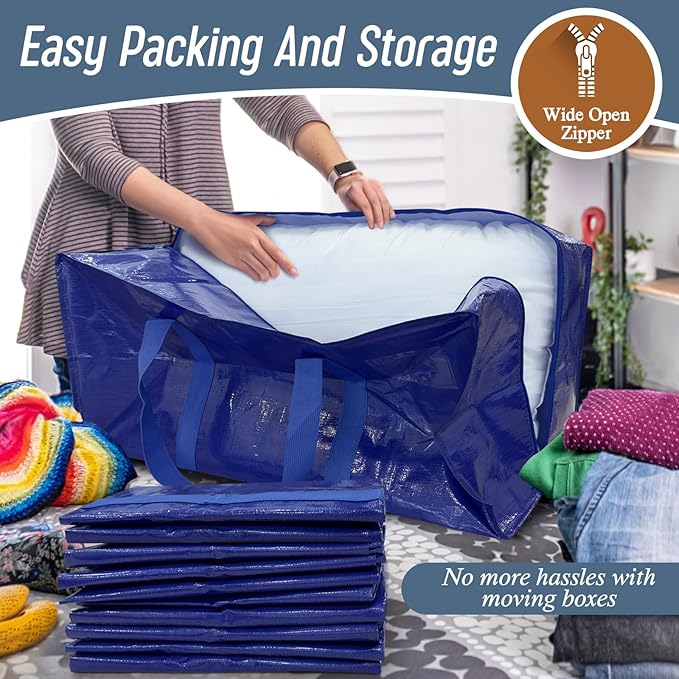6 Pack Extra Heavy Duty Large Moving Bags with Strong Zipper & Comfortable, Blue