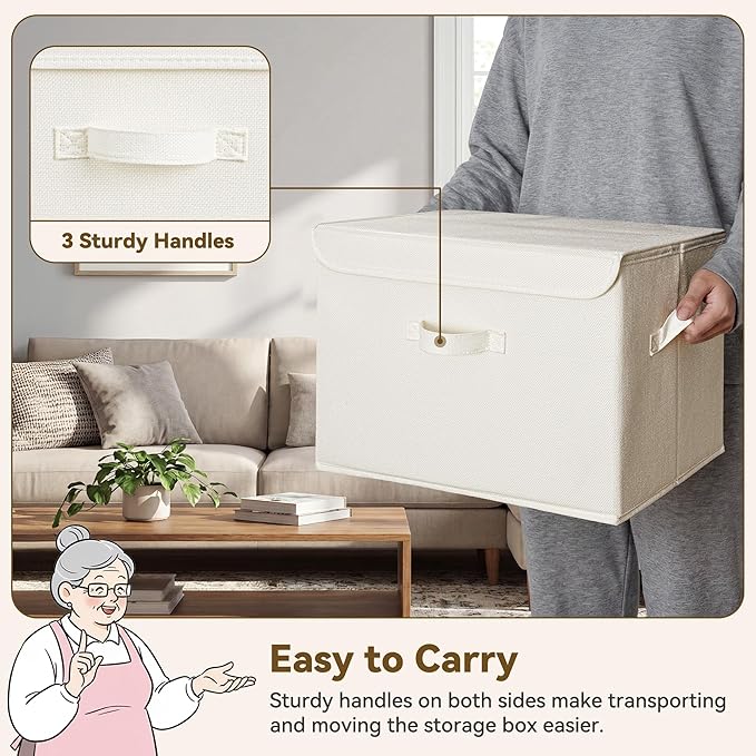 GRANNY SAYS Closet Storage Bins, Decorative Storage Boxes with Lids, Clothes Organizing Bins, Lidded Baskets for Toys, Clothing, Extra Large, Ivory White&Khaki, 2-Pack