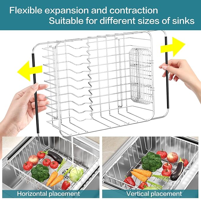 Large Dish Drying Rack in Sink Expandable, Adjustable304 Stainless Steel Metal Dish DrainerRack Organizer with Stainless Steel Utensil Holder Over Inside Sink Counter, Rustproof