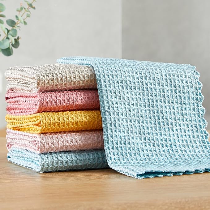 JOYMOOP Microfiber Cleaning Cloth, Reusable Absorbent Microfiber Cleaning Cloths, Kitchen Dish Cloth Waffle Weave 5 Pack, Mixed Color, 9.8×9.8inch