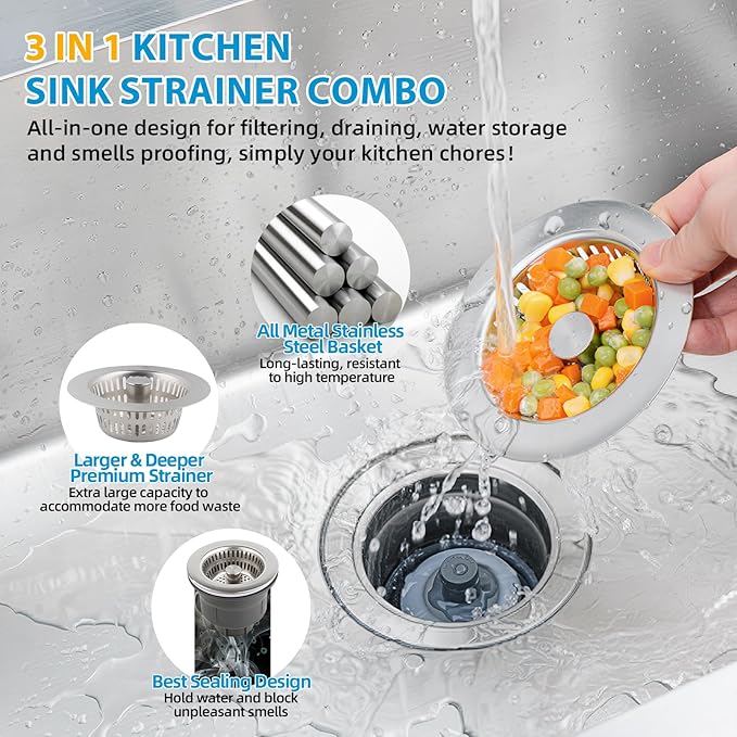 Hibbent Upgraded 3 in 1 Kitchen Sink Drain Strainer and Stopper Combo Assembly Kit, Stainless Steel Larger Anti-Clogging Basket