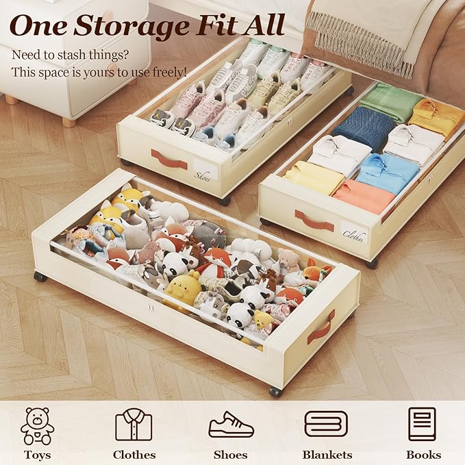 70L Under Bed Storage with Wheels, Beige