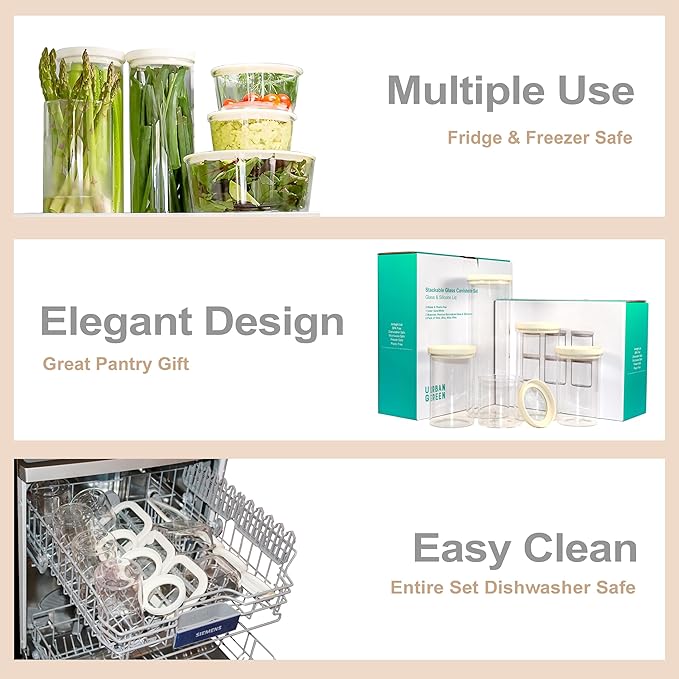 Urban Green Glass Food Storage Jar with Glass Lid, Food Canister Set with Airtight Lids