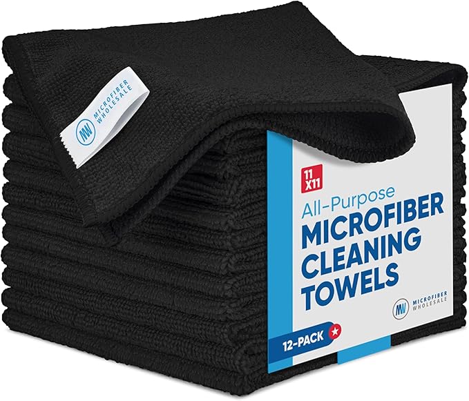 Microfiber Wholesale Black Microfiber Cleaning Cloth - 12 Pack | Better Quality All Purpose Towels Great for Messes in The Home | Clean, Dust, Polish | Soft, Absorbent, Durable | Wash 100s of Times